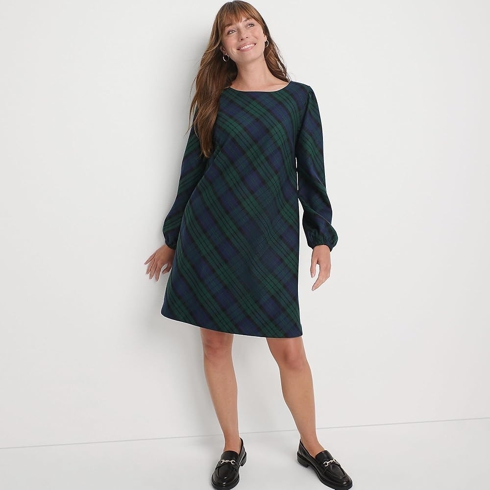 Lands' End Navy and Green Plaid Long-Sleeve Shift Dress Womens Small EUC
